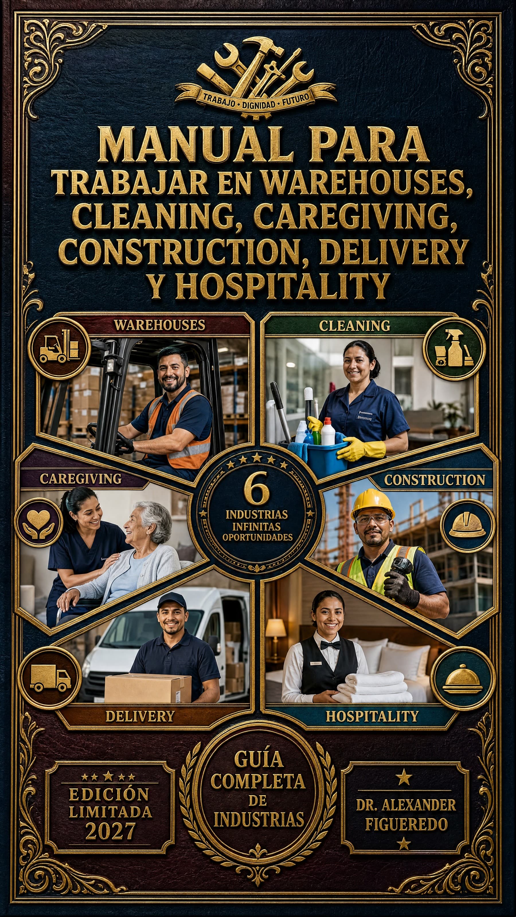 Portada: Manual para Trabajar en Warehouses, Cleaning, Caregiving, Construction, Delivery y Hospitality