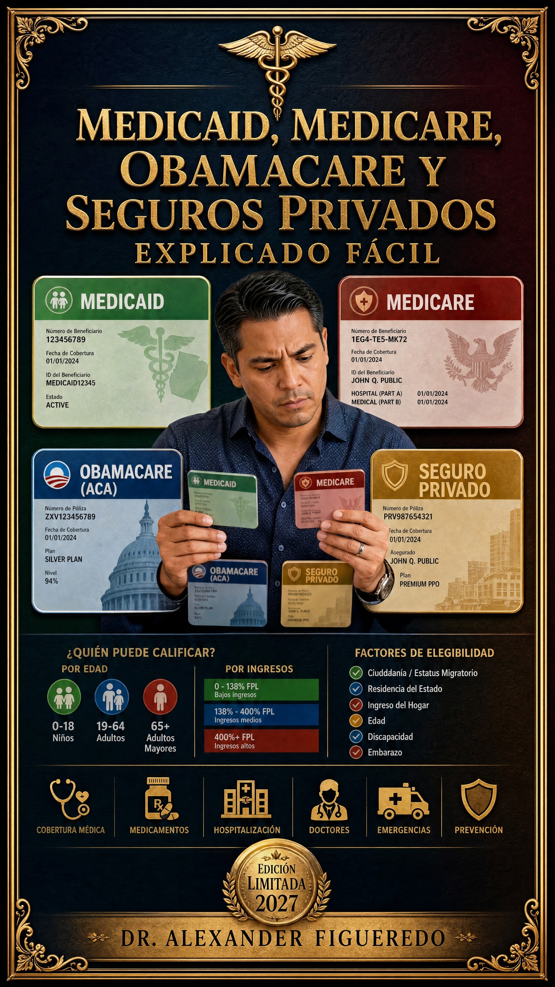 Portada del libro: Medicaid, Medicare, Obamacare y Seguros Privados — Explicado Fácil